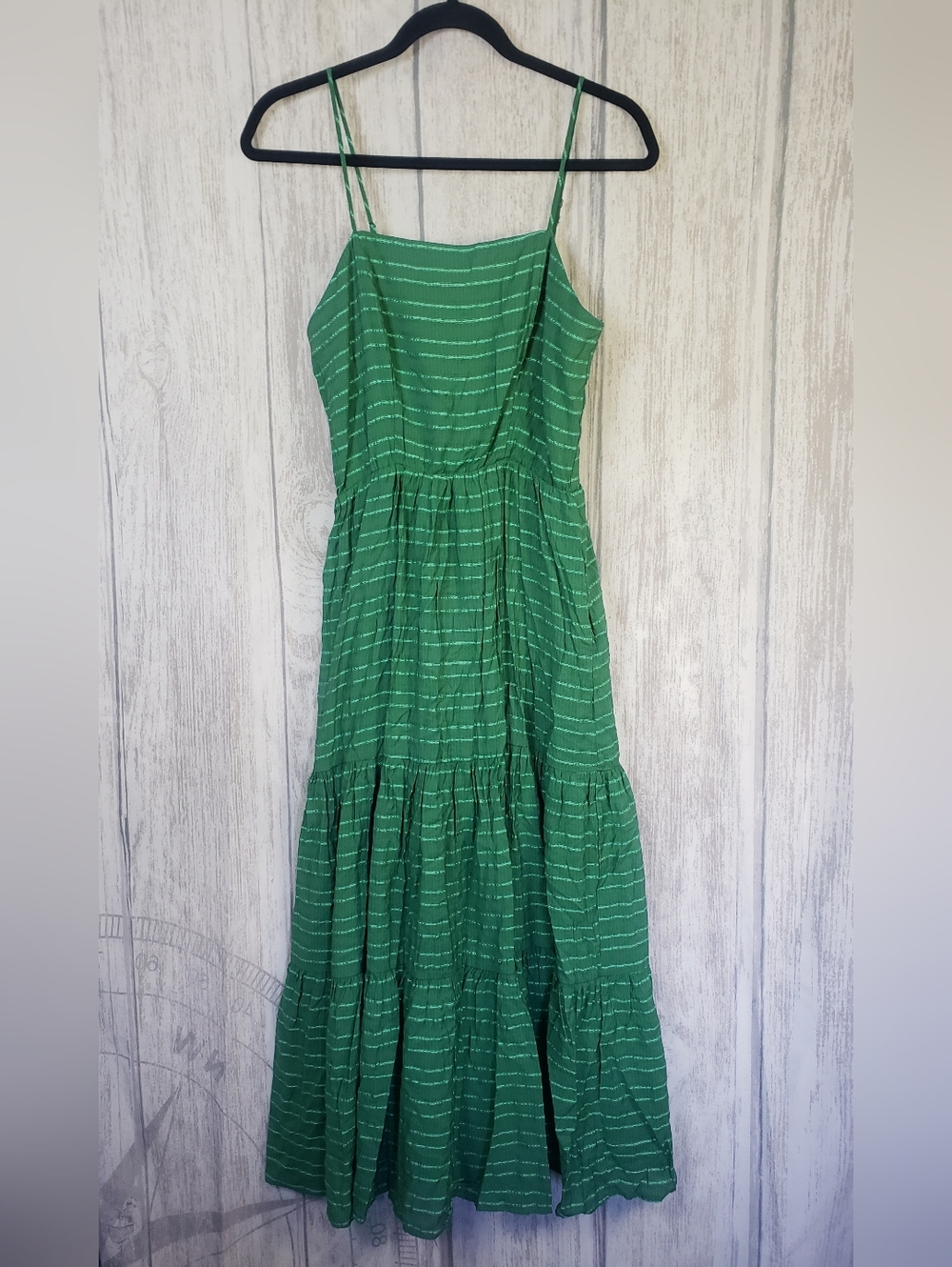 Chelsea Kelly Green Striped Tiered Spaghetti Strap Maxi Dress Medium Boho Chic